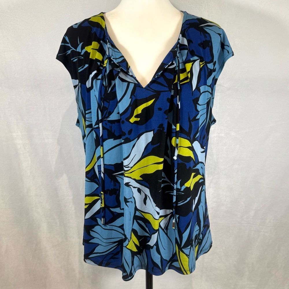Liz Claiborne blue and lime green abstract print top size XL